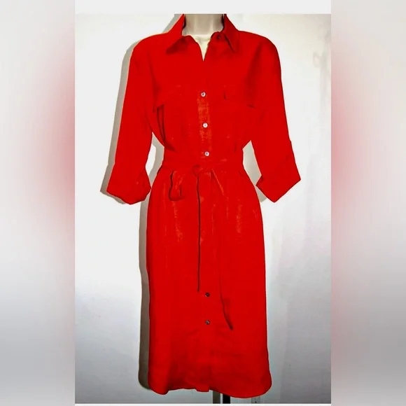 Magaschoni Linen Roll Sleeve Pockets Belted 42"Long Shirt Dress Red L - Picture 3 of 4